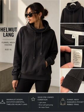 Helmut Lang Black Funnel Neck Hoodie Sweatshirt Size XL